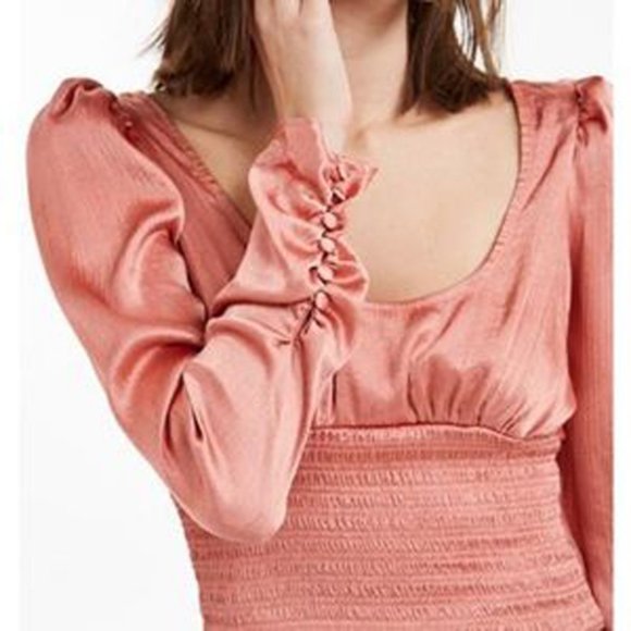Free People Santiago Blouse long sleeve satin smocked bodice Cinnamon Pink - Picture 10 of 12